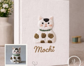 Embroidered Custom Name Pet Photo Album, Modern Square Memory Book Style, Charlie Name and Dog Illustration Content, Family Heirloom Gift