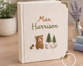 Embroidered Forest Bear Custom Photo Album, Premium Linen Hardcover Product Gift