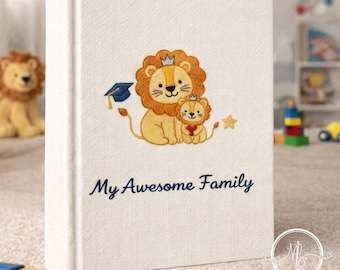 Embroidered My Family Adventure Custom Photo Album, Personalized Lion Design Product, Premium Fabric Memory Book, Safari Family Art Content