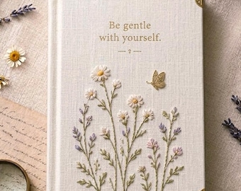 Embroidered Daisy and Lavender Custom Notebook, Self Care Mental Health Gift Style