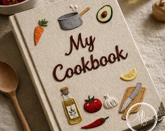 Embroidered Home Chef Custom Notebook, Modern Simple Illustration Style, Detailed Olive Oil and Cutting Board Art, Gift for a Family Cook