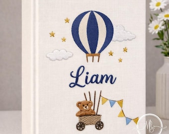 Embroidered Custom Photo Album, Cute Sky Adventure Nursery Style, Teddy Bear in Hot Air Balloon Illustration, Personalized Newborn Gift