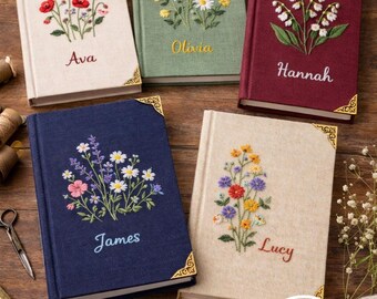 Embroidered Wildflower Bouquet Custom Notebook, Vintage Floral Linen Style, Custom Name Content, Unique Bridesmaid Keepsake Gift