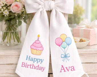 Embroidered Happy Birthday Cupcake & Balloons Custom Sash Bow, Festive Party Content Theme, Milestone Celebration Style, Gift for Baby