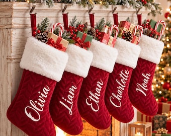 Personalised Christmas Stocking with Name, Red Quilted Velvet Xmas Stocking, Custom Family Christmas Stockings, Christmas Gift.