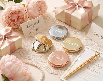 Personalised Bridesmaid Compact Mirror – Engraved Pocket Mirror Gift for Her, Custom Wedding Thank You Favour.