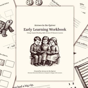 May include: An early learning workbook, "Arrows in the Quiver", with a vintage design. The cover shows three children reading. Other pages display a turtle, apples, rulers, and an abacus. Measurements are in centimetres.