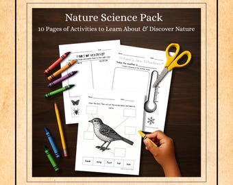 Könnte beinhalten: Ein Naturwissenschaftspaket mit 10 Seiten Aktivitäten. Das Bild zeigt Arbeitsblätter mit Illustrationen von Vögeln, Insekten und Wettergrafiken. Buntstifte, ein Bleistift und eine Schere sind ebenfalls zu sehen. Der Text enthält "Insekt oder Arachnid?" und "Wie ist das Wetter?"