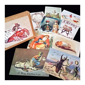 May include: A collection of vintage Christmas postcards with whimsical illustrations. The cards feature various themes, including anthropomorphic animals, Santa Claus, and festive greetings. The color palette includes reds, greens, and browns.