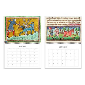 May include: A wall calendar featuring two pages for May and June 2027. Each page displays a medieval-style illustration above a grid of dates. The May illustration shows a figure with a bow and a blue creature, while June depicts two figures and a red creature.