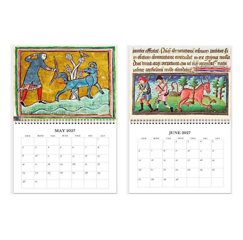 May include: A wall calendar featuring two pages for May and June 2027. Each page displays a medieval-style illustration above a grid of dates. The May illustration shows a figure with a bow and a blue creature, while June depicts two figures and a red creature.