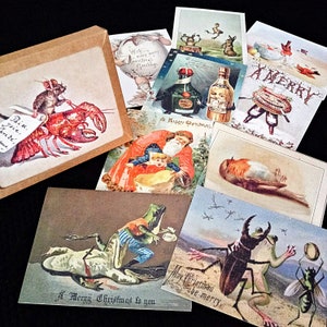 May include: A collection of vintage Christmas cards featuring a variety of festive themes, including a mouse and lobster, a robin, a frog, a stag beetle, and a Father Christmas with a child. The cards are in a range of colours and designs, and some include text such as "A Merry Christmas to you" and "May Christmas be merry".