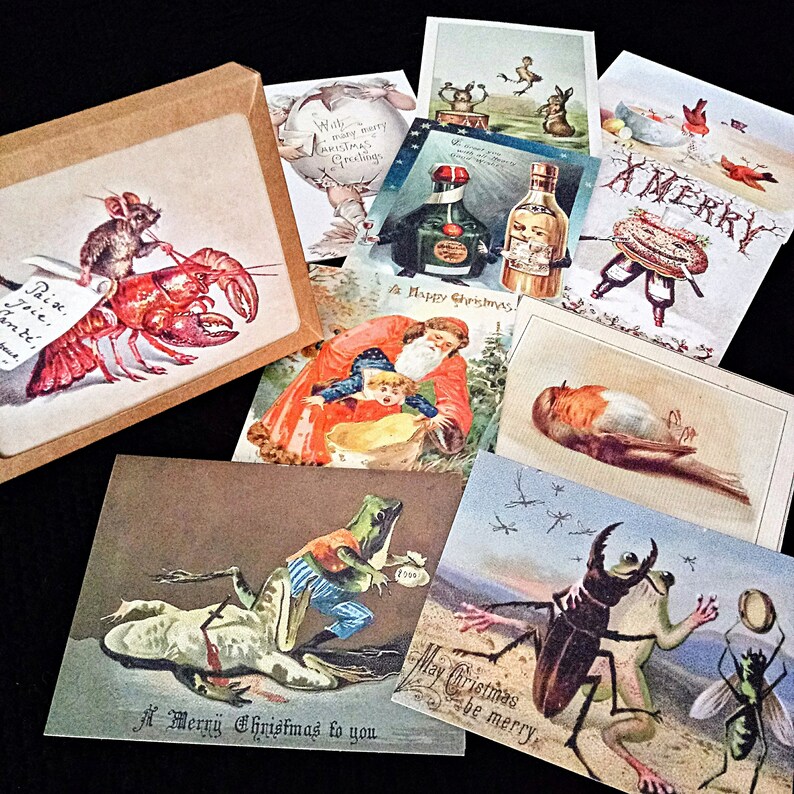 May include: A collection of vintage Christmas cards featuring a variety of festive themes, including a mouse and lobster, a robin, a frog, a stag beetle, and a Father Christmas with a child. The cards are in a range of colours and designs, and some include text such as "A Merry Christmas to you" and "May Christmas be merry".