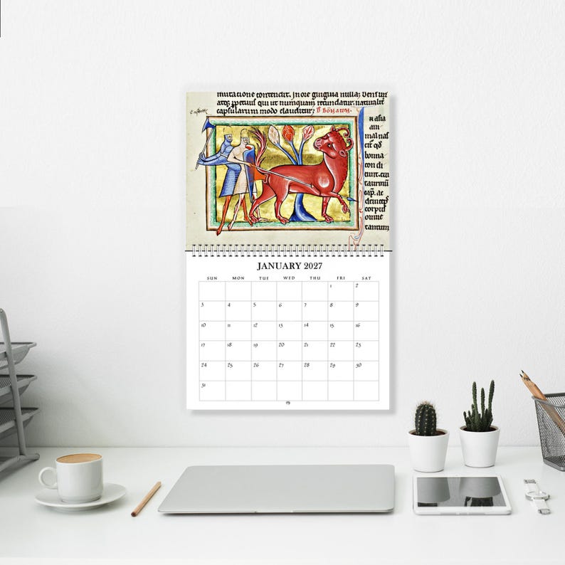 May include: A wall calendar for January 2027 featuring a medieval-style illustration of a red bull and a figure in blue and gold clothing. The calendar has a white background with black text and a grid layout for the days of the month.