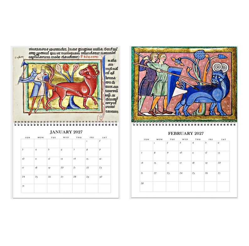 May include: A 2027 wall calendar featuring two pages for January and February. Each page displays a medieval-style illustration of figures with spears facing a large bull, one red and one blue, alongside a grid of dates for the respective month.