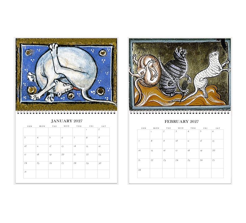 2027 Wall Calendar: Medieval Cats 11" x 17" Funny Historic Feline Art image 2