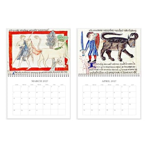 May include: A wall calendar featuring two pages for March and April 2027. Each page displays a grid of dates below a medieval-style illustration. The March page shows a figure with a horned animal, while the April page depicts a person with a sword.
