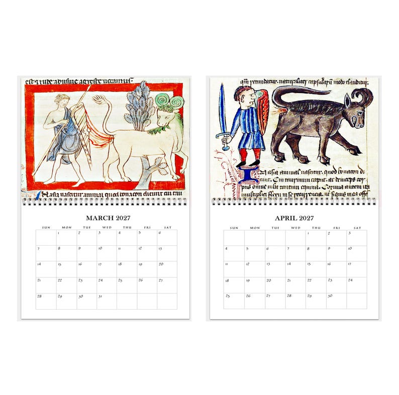 May include: A wall calendar featuring two pages for March and April 2027. Each page displays a grid of dates below a medieval-style illustration. The March page shows a figure with a horned animal, while the April page depicts a person with a sword.