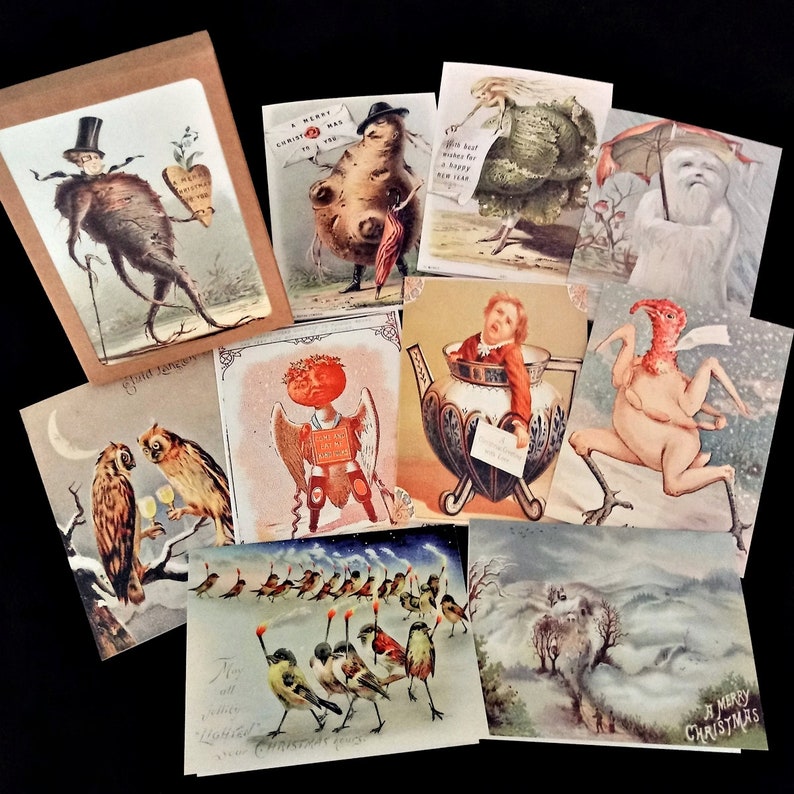 May include: A collection of vintage Christmas postcards featuring various festive themes. The cards depict a range of illustrations, including a turkey, a snowman, a bird, a potato, and a woman dressed as a cabbage. The cards are printed on thick paper and have a textured finish.