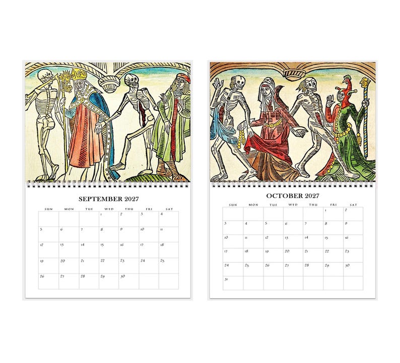 2027 Wall Calendar: Danse Macabre 11" x 17" Dance of Death, Halloween Skeletons Gothic Art image 6