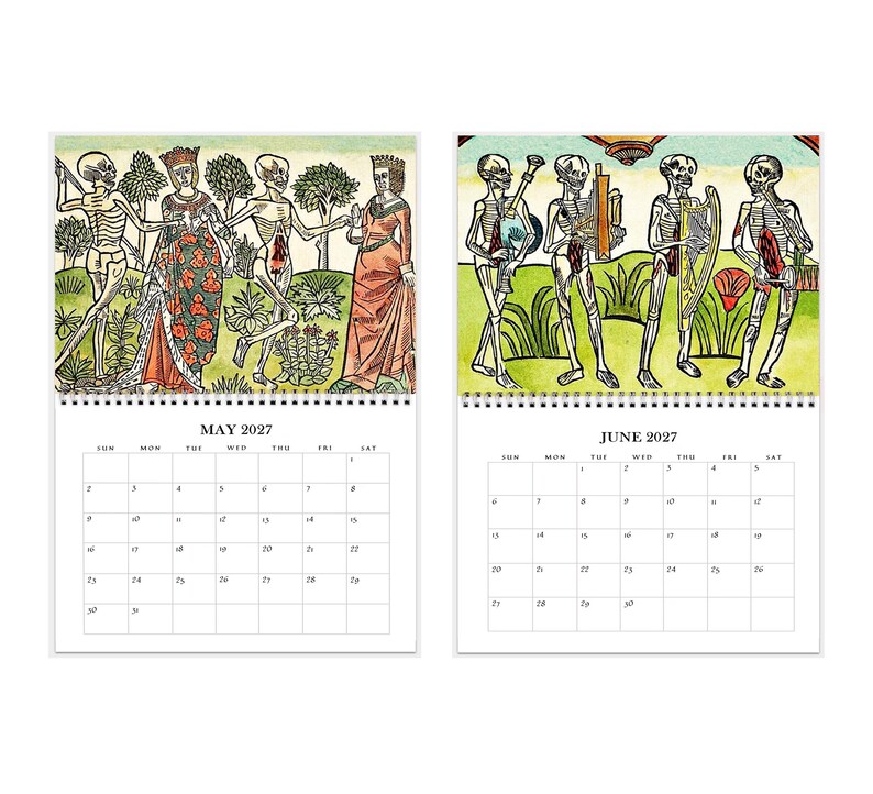 2027 Wall Calendar: Danse Macabre 11" x 17" Dance of Death, Halloween Skeletons Gothic Art image 4