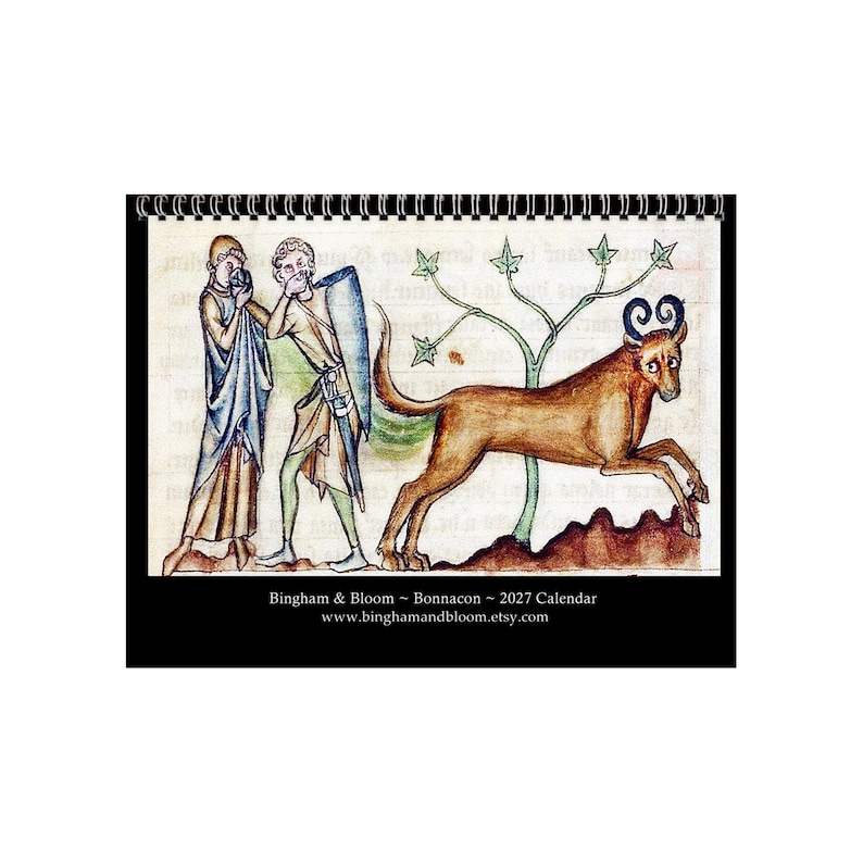May include: A 2027 wall calendar featuring a medieval-style illustration of two figures and a horned creature. The text reads Bingham & Bloom - Bonnacon - 2027 Calendar and www.binghamandbloom.etsy.com. The spiral-bound calendar displays a tan beast.