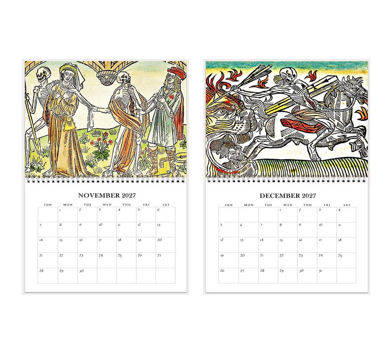 2027 Wall Calendar: Danse Macabre 11" x 17" Dance of Death, Halloween Skeletons Gothic Art image 7