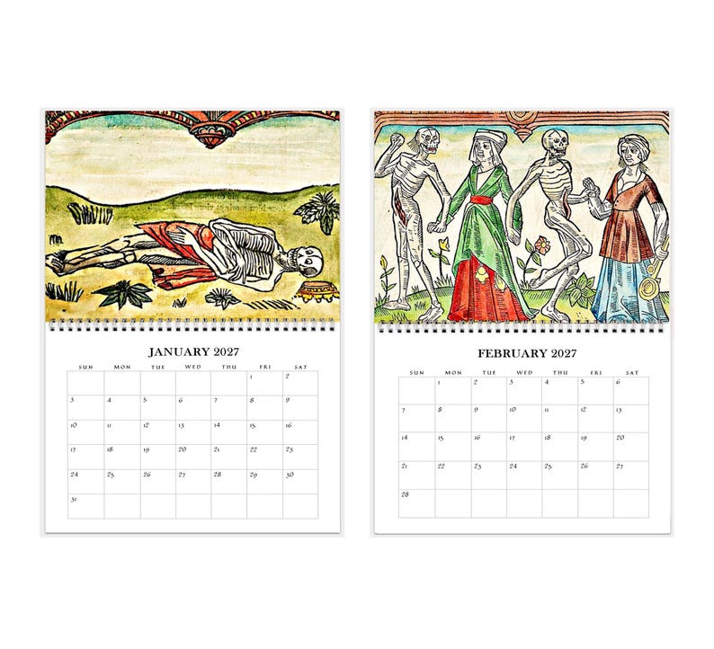 2027 Wall Calendar: Danse Macabre 11" x 17" Dance of Death, Halloween Skeletons Gothic Art image 2