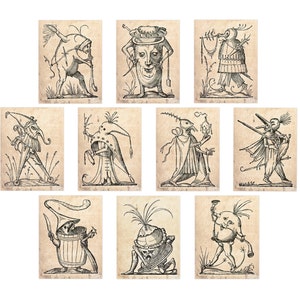 May include: A collection of ten vintage-style illustrations, each depicting a whimsical figure with unique characteristics. The black and white drawings feature creatures with elongated noses, hats, and various accessories, set against a beige background.