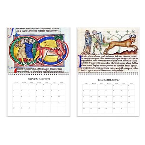 May include: A wall calendar featuring two pages for November and December 2027. Each page displays a medieval manuscript illustration of a horned creature above a grid of dates. The text includes the months and days of the week in black ink.