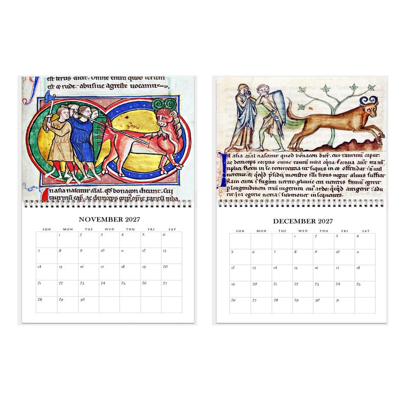 May include: A wall calendar featuring two pages for November and December 2027. Each page displays a medieval manuscript illustration of a horned creature above a grid of dates. The text includes the months and days of the week in black ink.