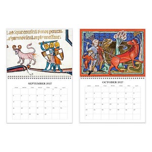 May include: A wall calendar displaying September and October 2027. Each page features medieval manuscript illustrations: September shows knights with swords and a bull, while October depicts a figure with a spear and a red creature.