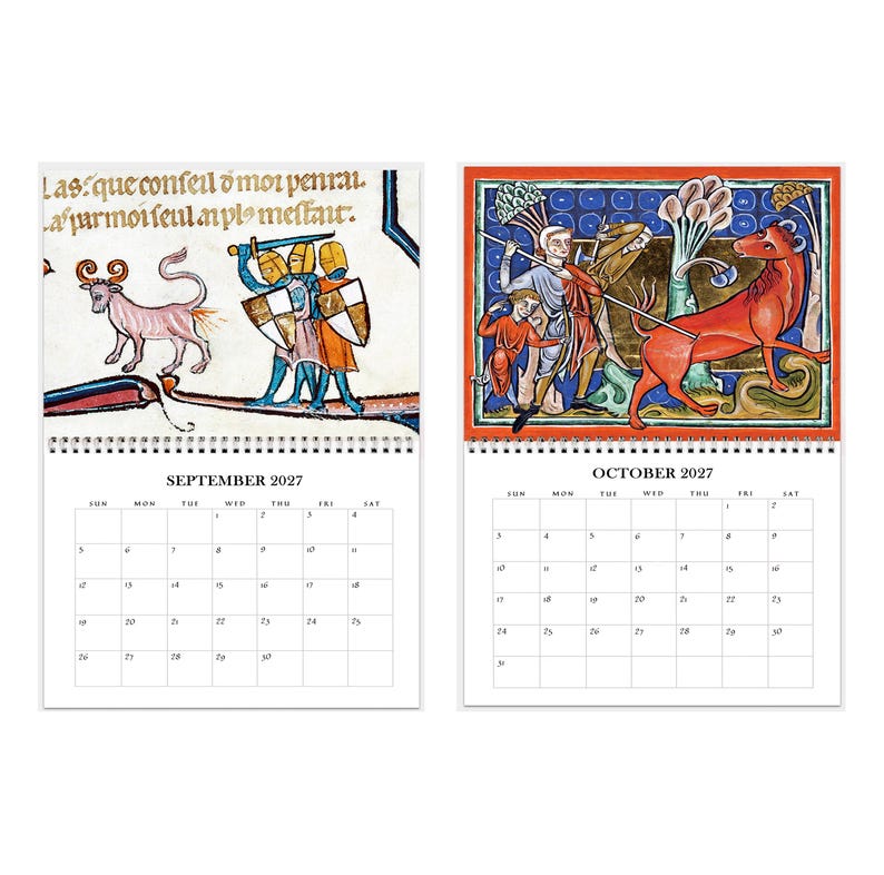 May include: A wall calendar displaying September and October 2027. Each page features medieval manuscript illustrations: September shows knights with swords and a bull, while October depicts a figure with a spear and a red creature.