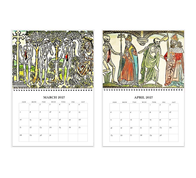 2027 Wall Calendar: Danse Macabre 11" x 17" Dance of Death, Halloween Skeletons Gothic Art image 3