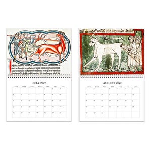 May include: A wall calendar displaying July and August 2027. The July page features a medieval illustration of a red horned creature and figures with Latin text. The August page shows a white ox illustration with figures and Latin text above a grid.