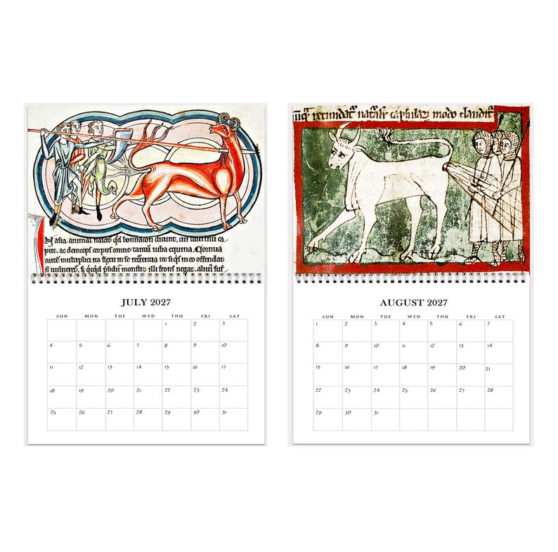 May include: A wall calendar displaying July and August 2027. The July page features a medieval illustration of a red horned creature and figures with Latin text. The August page shows a white ox illustration with figures and Latin text above a grid.
