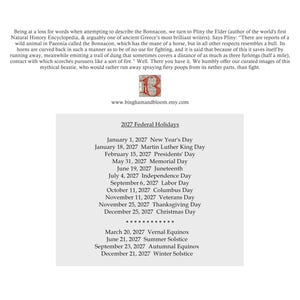 May include: A white document featuring a paragraph about the Bonnacon, a small red letter B logo, and the website binghamandbloom.etsy.com. Below is a list of 2027 Federal Holidays and seasonal dates, including New Year's Day through Christmas Day.