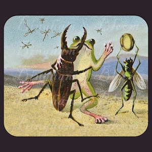 May include: A vintage illustration of a green frog, a brown stag beetle, and a yellow and green fly. The frog is holding a small gold drum and the beetle is holding the frog's arm. The fly is holding a small gold cymbal. The background is a blue sky with white clouds and a few dragonflies.