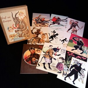 May include: A set of 10 vintage Christmas cards featuring illustrations of Krampus, a traditional figure in Alpine folklore. The cards are printed on thick paper and have a festive, whimsical feel.