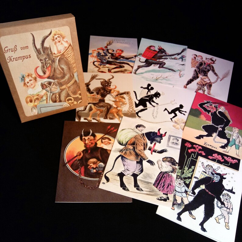 May include: A set of 10 vintage Christmas cards featuring illustrations of Krampus, a traditional figure in Alpine folklore. The cards are printed on thick paper and have a festive, whimsical feel.