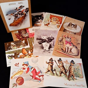 May include: A collection of vintage Christmas cards featuring cats in various festive scenes. The cards are decorated with colourful illustrations, including a cat wearing a Santa hat, a cat playing with a ball of yarn, and a cat sitting in a stocking. These cards are ideal for adding a touch of whimsy to your Christmas decorations.