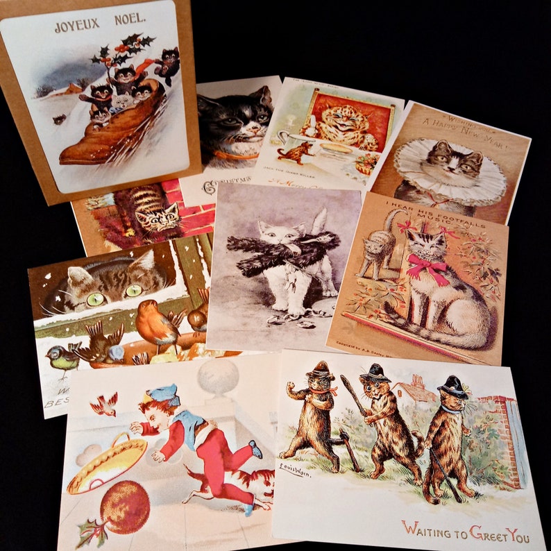 May include: A collection of vintage Christmas cards featuring cats in various festive scenes. The cards are decorated with colourful illustrations, including a cat wearing a Santa hat, a cat playing with a ball of yarn, and a cat sitting in a stocking. These cards are ideal for adding a touch of whimsy to your Christmas decorations.