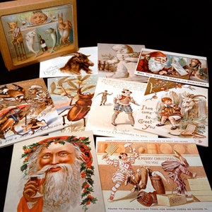 May include: A collection of vintage Christmas cards featuring various illustrations, including a snowman, Father Christmas, a clown, a beetle, and a goat. The cards have a festive theme and include text such as "A right merry Christmas to you" and "Are you getting happy for Christmas?"