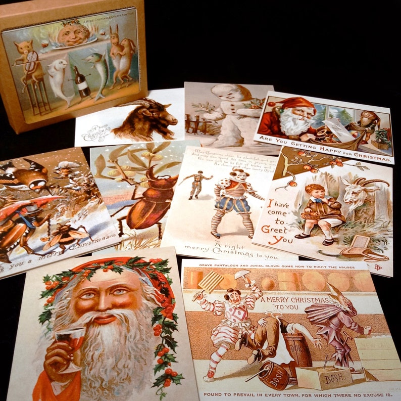 May include: A collection of vintage Christmas cards featuring various illustrations, including a snowman, Father Christmas, a clown, a beetle, and a goat. The cards have a festive theme and include text such as "A right merry Christmas to you" and "Are you getting happy for Christmas?"
