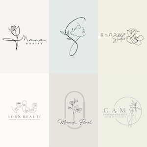 May include: Collection of six minimalist logos in black on a light beige background. Logos feature floral designs, line art faces, and text. Text includes "Nana Wahine", "Born Beaute", "Shopwe Studio", "Morandi Floral", and "C.A.M. Dermatology".