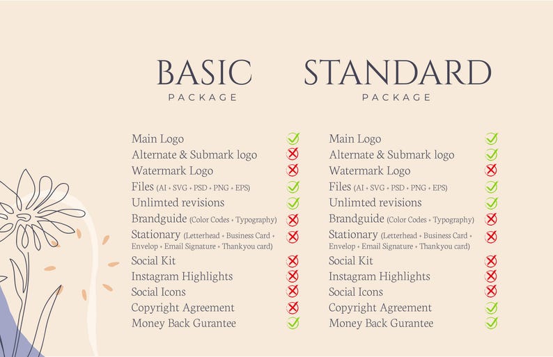 Może przedstawiać: Beżowa tabela por&oacute;wnawcza usług projektowania graficznego z nagł&oacute;wkami "BASIC PACKAGE" i "STANDARD PACKAGE". Tabela wykorzystuje znaki wyboru i krzyżyki do wskazania uwzględnionych usług, takich jak projektowanie logo i zestawy medi&oacute;w społecznościowych.