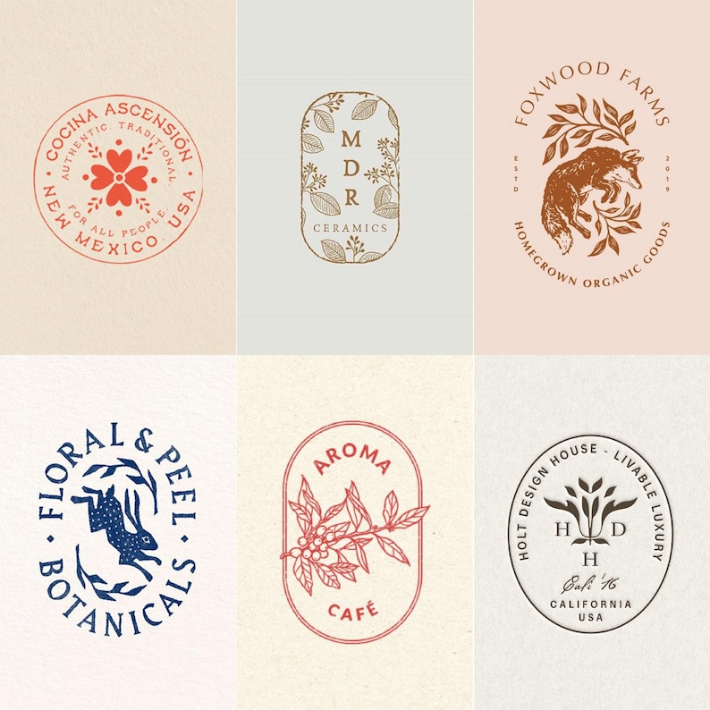 Może przedstawiać: Kolekcja sześciu okrągłych i owalnych logo z r&oacute;żnymi wzorami. Logo zawierają tekst i ilustracje, w tym lisa, kr&oacute;lika i elementy botaniczne. Kolory obejmują czerwień, brąz i granat.
