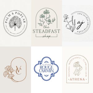 Może przedstawiać: Kolekcja sześciu logo z botanicznymi i minimalistycznymi wzorami. Logo zawierają tekst, taki jak "Palm & Poplar", "The Steadfast Shop", "Amy Jordan Photography", "La Maison Rouge Carmin" i "Athena". Logo zawierają ilustracje kwiatowe i liści.
