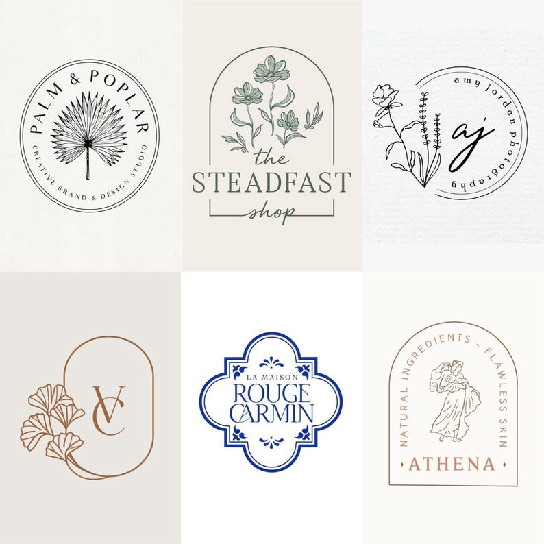Może przedstawiać: Kolekcja sześciu logo z botanicznymi i minimalistycznymi wzorami. Logo zawierają tekst, taki jak "Palm & Poplar", "The Steadfast Shop", "Amy Jordan Photography", "La Maison Rouge Carmin" i "Athena". Logo zawierają ilustracje kwiatowe i liści.