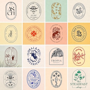 Può includere: Una collezione di sedici distinti design di loghi circolari e ad arco disposti in una griglia. Ogni logo presenta illustrazioni a linee uniche che includono elementi botanici, animali e tipografia, presentati su sfondi strutturati.